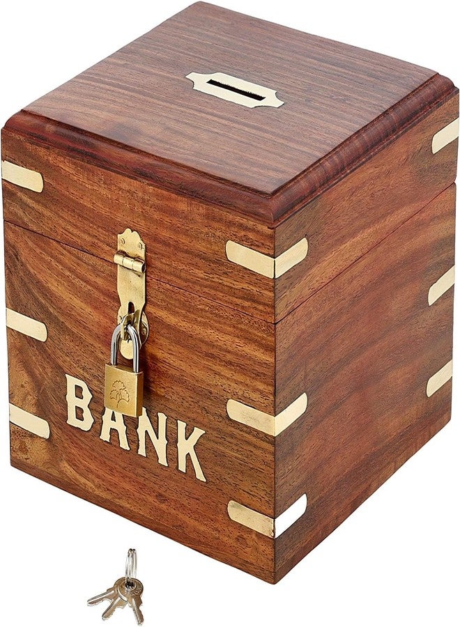 GURU JEE Premium Indian Vinatge Wooden Square Piggy Bank for Boys Girls and Any Age Size (4x4x3inch) - Image 1