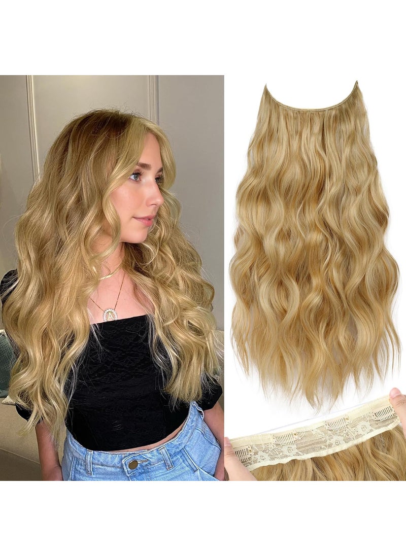 KooKaStyle - KooKaStyle Invisible Wire Hair Extensions with Transparent Headband Adjustable Size 4 Secure Clips Long Wavy Secret Wire Hairpiece 20 Inch Honey Blonde for Women - Image 1