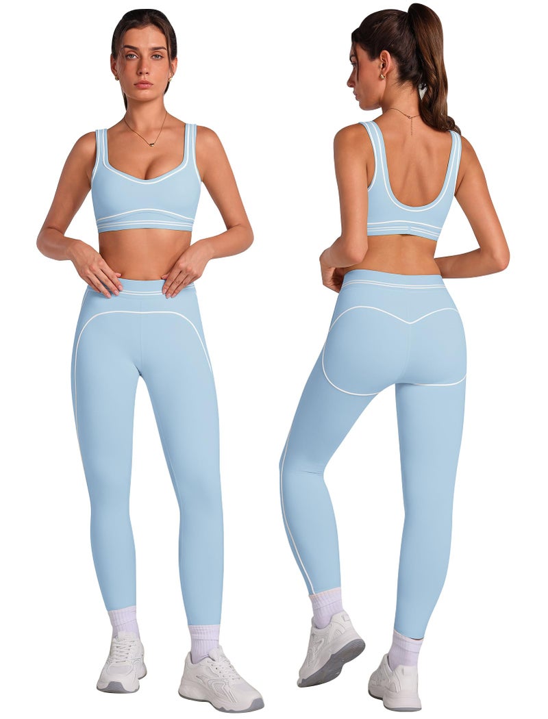 ABOCIW ABOCI Womens Workout Sets Two Piece Contouring Contrast Stitching Sports Bra High Waist Leggings Set 2 Piece For Women Gym Yoga Active Wear Outfits Athletic Work Out Clothes Light Blue Small - Image 2