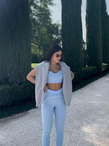ABOCIW ABOCI Womens Workout Sets Two Piece Contouring Contrast Stitching Sports Bra High Waist Leggings Set 2 Piece For Women Gym Yoga Active Wear Outfits Athletic Work Out Clothes Light Blue Small - Image 3