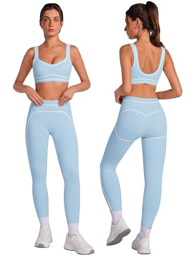 ABOCIW ABOCI Womens Workout Sets Two Piece Contouring Contrast Stitching Sports Bra High Waist Leggings Set 2 Piece For Women Gym Yoga Active Wear Outfits Athletic Work Out Clothes Light Blue Small - Image 1