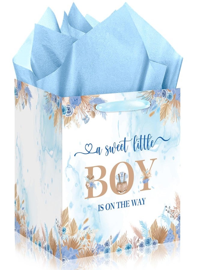 Woosytoo Sweet Baby Boy Gift Bag, Extra Large Baby Shower Square Gift Bags Blue Floral Jumbo Gifts Bag A Sweet Little Boy is on The Way Wrapping Paper Bag for Newborn Gender Reveal Party Favors - Image 1