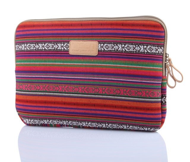 LISEN ethnic style striped notebook liner bag 10/11/13/14/15.6 inch computer bag tablet bag Crimson with silver edge