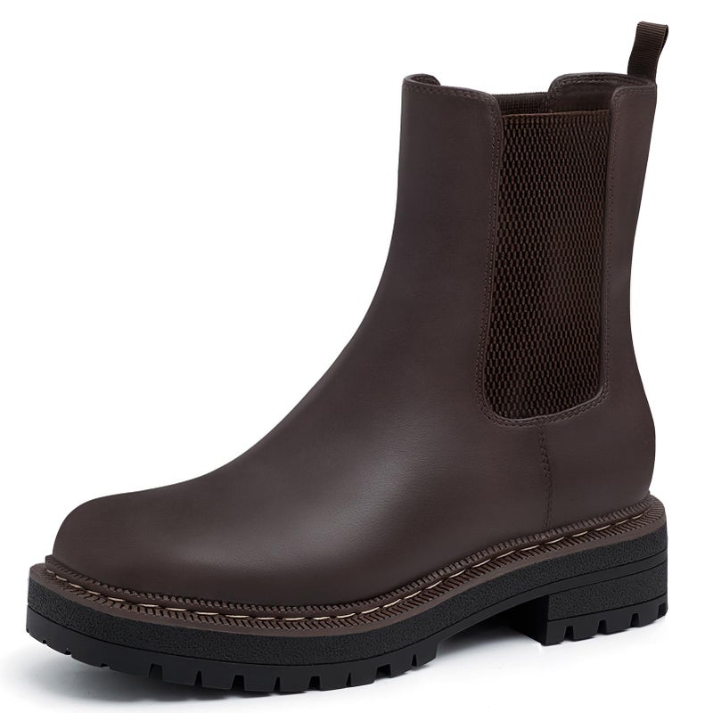Athlefit Women's Chelsea Ankle Boots Platform Lug Sole Slip On Short Boots Comfortable Low Heel Dress Booties Dark Brown Size 11 - Image 1