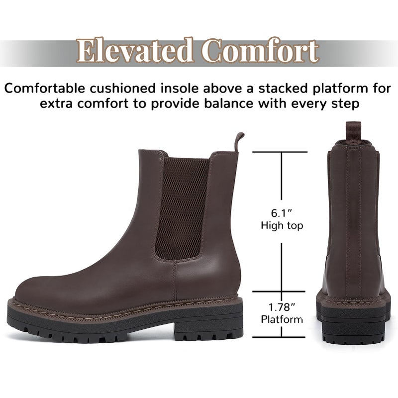 Athlefit Women's Chelsea Ankle Boots Platform Lug Sole Slip On Short Boots Comfortable Low Heel Dress Booties Dark Brown Size 11 - Image 2