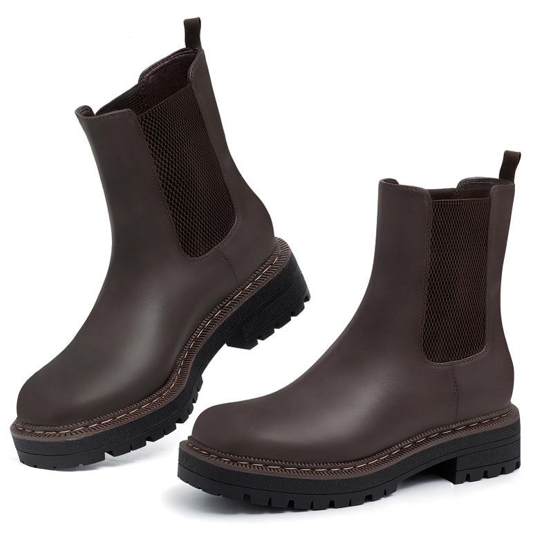 Athlefit Women's Chelsea Ankle Boots Platform Lug Sole Slip On Short Boots Comfortable Low Heel Dress Booties Dark Brown Size 11 - Image 5