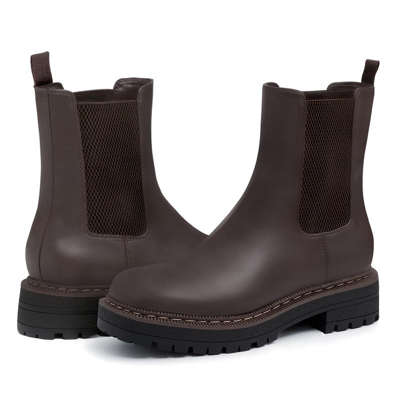 Athlefit Women's Chelsea Ankle Boots Platform Lug Sole Slip On Short Boots Comfortable Low Heel Dress Booties Dark Brown Size 11 - Image 4