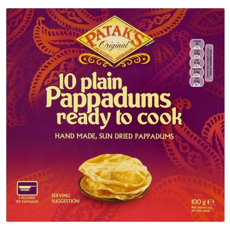 Pataks Plain Ready to Cook Pappadums 10 per pack 100g Pack of 2