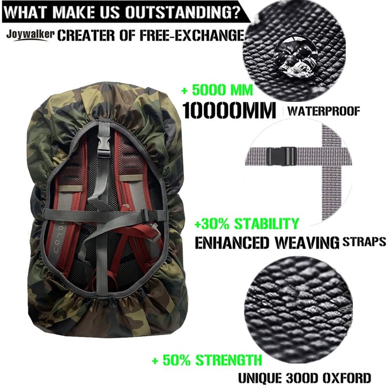 Joy Walker Waterproof Backpack Rain Cover for (15-90L), Upgraded Anti-slip Cross Buckle Straps, Triple Strengthened Layers for Hiking Camping Traveling (Camouflage, XL (for 50-70L backpack)) - Image 5