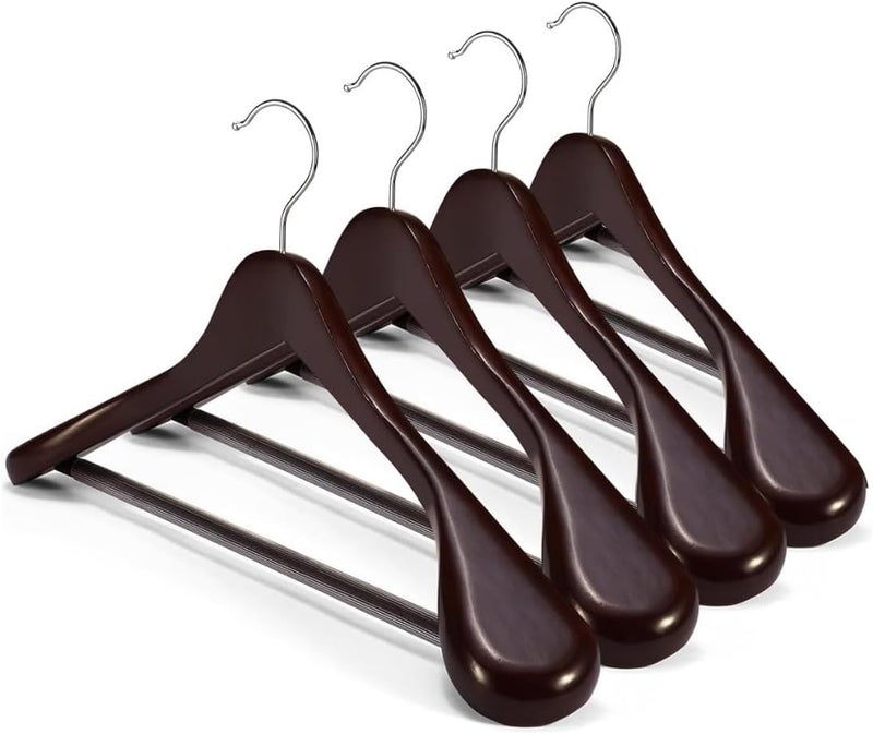 HOUSE DAY 4-Pack High-Grade Coat Hangers, Cherry Wood Wide Shoulder Wooden Hangers with Non Slip Pants Bar, Smooth Retro Finish 360° Swivel Hook Solid Wood Coat Hangers for Heavy Clothes Hanger - Image 1