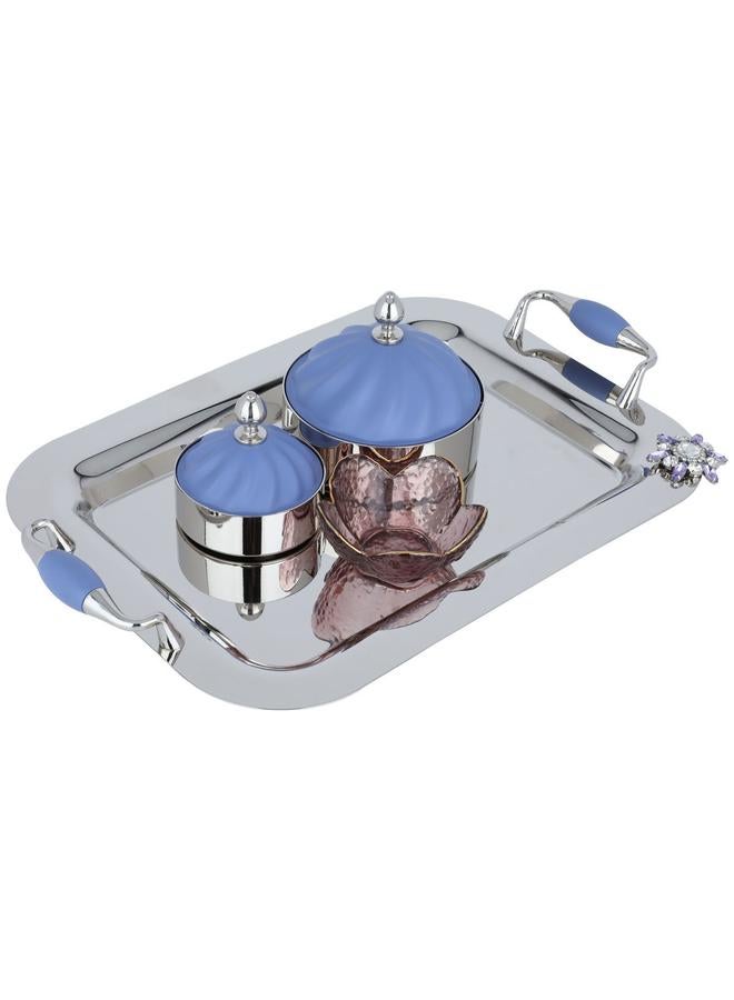 السيف  طقم تقديم من الفولاذ 41×26×4 سم 2 تمر مع وعاء زجاجي بغطاء أزرق 4 قطع فضي - Image 1