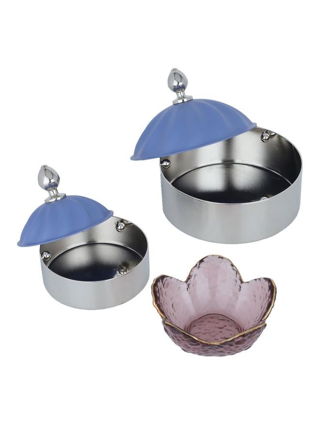 السيف  طقم تقديم من الفولاذ 41×26×4 سم 2 تمر مع وعاء زجاجي بغطاء أزرق 4 قطع فضي - Image 3