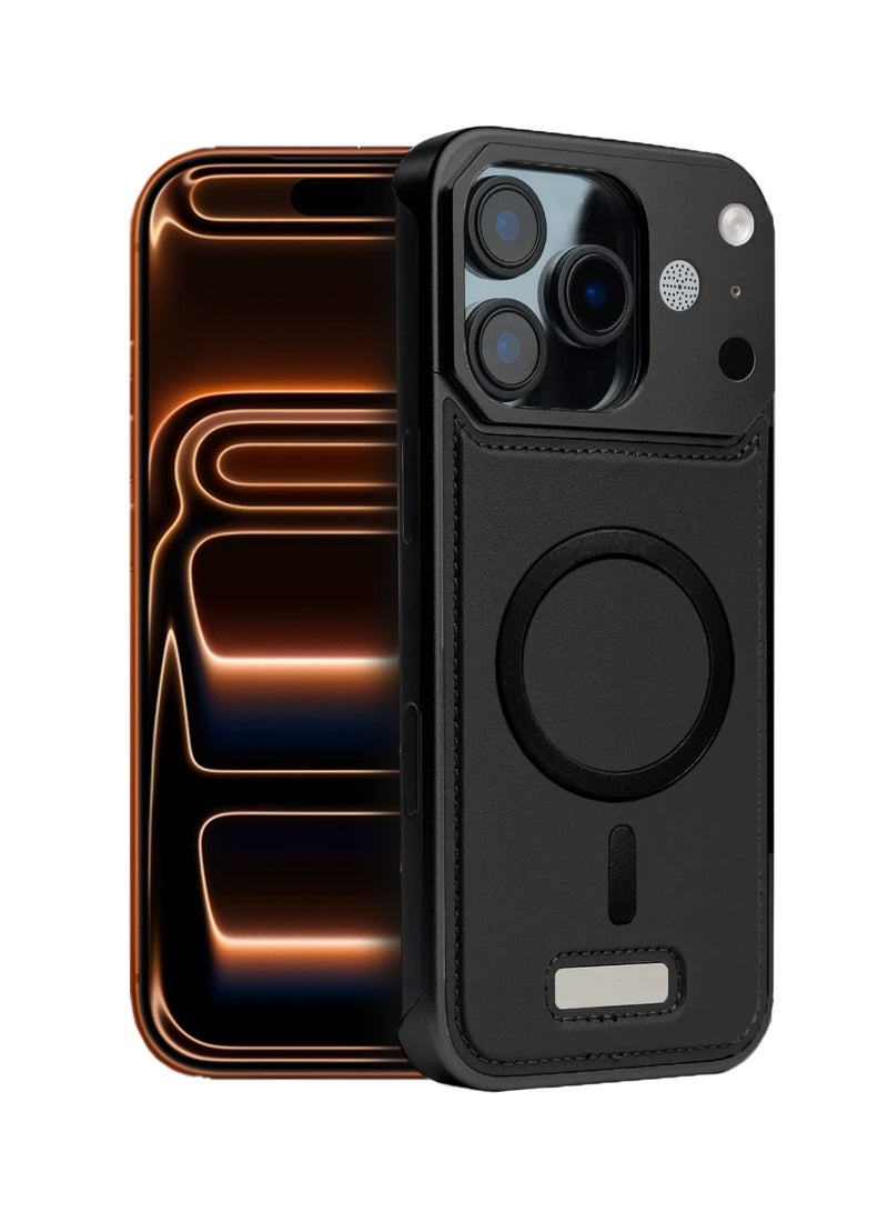 Wtech Apple iPhone 17 Pro 5G 2025 Metal Frameless Case Metallic Vegan Leather Magsafe Support Hard Case Cover (MCMPMN) - Black - Image 1