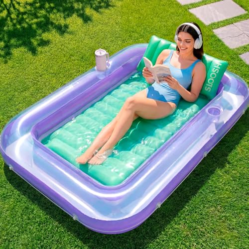 SLOOSH Inflatable Tanning Pool Lounger Float 70 x 46 Pool Floats Adult with Pillow 4 in 1 Suntan Tub Raft FloatieSunbathing Bed Lounge for Water Blow Up Ball Pit Party Gifts LPurple Green - Image 1