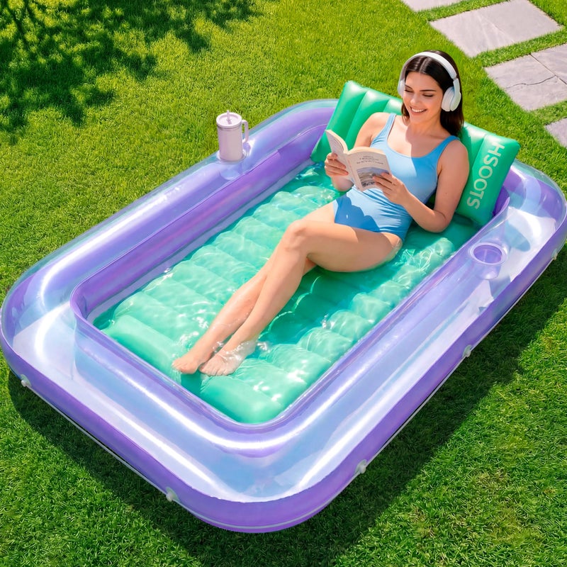 SLOOSH Inflatable Tanning Pool Lounger Float 70 x 46 Pool Floats Adult with Pillow 4 in 1 Suntan Tub Raft FloatieSunbathing Bed Lounge for Water Blow Up Ball Pit Party Gifts LPurple Green - Image 2