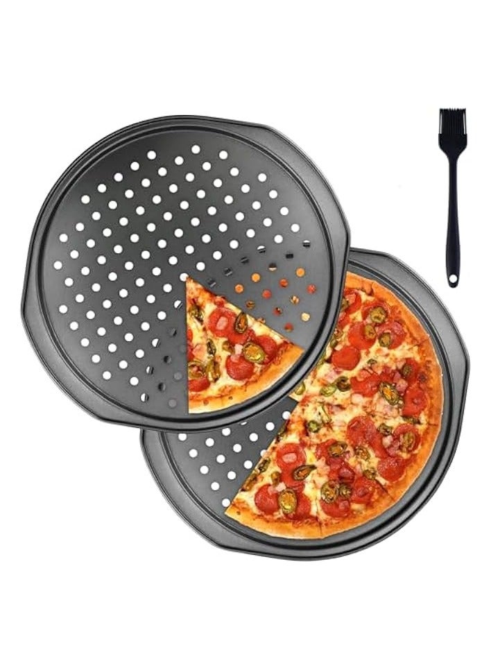 Green Tiger 2 Pcs 14 inch Pizza Trays for Oven, Non Stick with Holes, Carbon Steel Pizza Pans, Round Pizza Pan with Handle, Fridge and Freezer Safe - Image 1