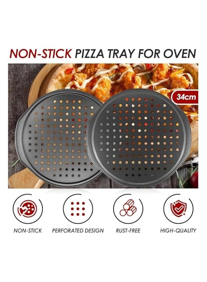 Green Tiger 2 Pcs 14 inch Pizza Trays for Oven, Non Stick with Holes, Carbon Steel Pizza Pans, Round Pizza Pan with Handle, Fridge and Freezer Safe - Image 2