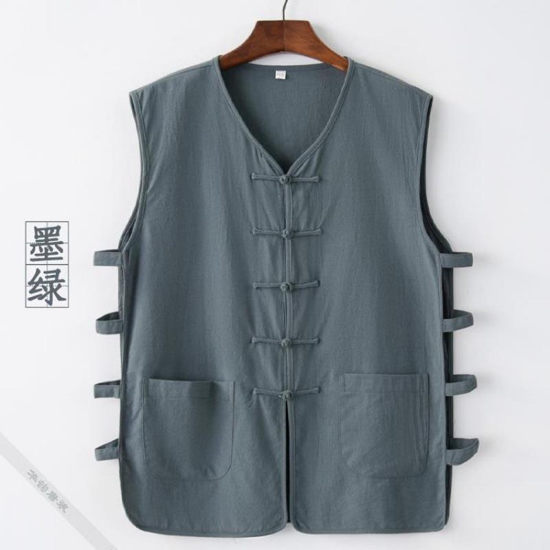 Old Man Vest Summer Casual Linen Vest Waistcoat Cotton and Linen Sweatshirt Mens Retro Buckle Chinese Style Magma Jacket Sleeveless Shirt Dark green hemp