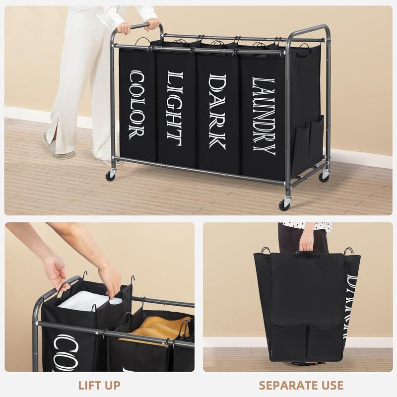 STORAGE MANIAC Laundry Sorter, Divider with Side Pockets, Multi Separator Hamper Removable Bags and Rolling Lockable Wheels, Organizer Hamper, 4 Section Black - Image 4