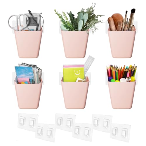 LIGHT DUST Wall Caddy Pen Holders, 6 Pack Large Pencil Cups Organizer for Marker / Remote / Crayon / White Board Accessories, with Adhesive Stickers, Office Home Craft Class Kids Room Art Organization (Pink) - Image 1