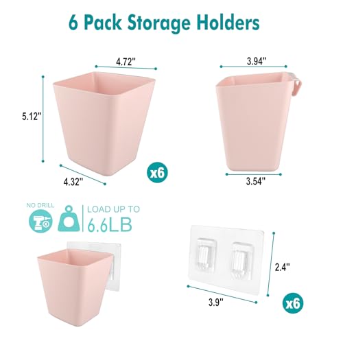 LIGHT DUST Wall Caddy Pen Holders, 6 Pack Large Pencil Cups Organizer for Marker / Remote / Crayon / White Board Accessories, with Adhesive Stickers, Office Home Craft Class Kids Room Art Organization (Pink) - Image 2