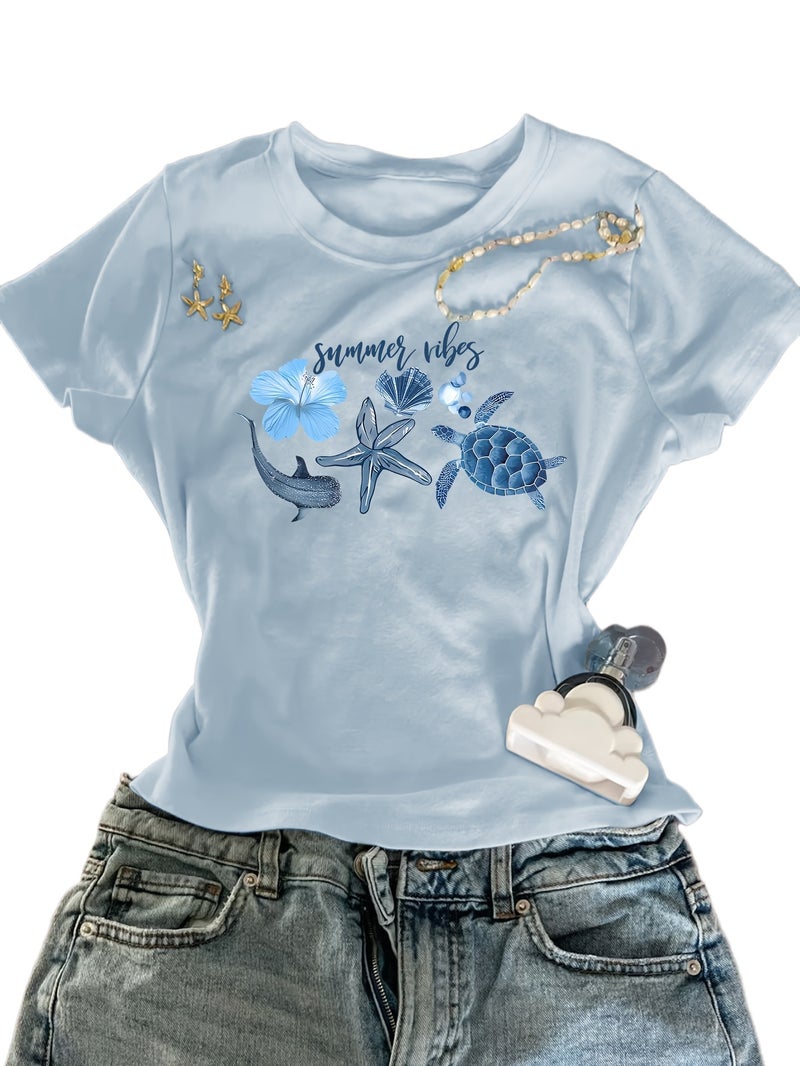 1pc European And American New Trendy Hot Women'S Casual Top American Retro Fashion Y2K Style Beach Vacation Style Coral Turtle Whale Flower Shell English Letter Pattern Print Summer... - Image 1