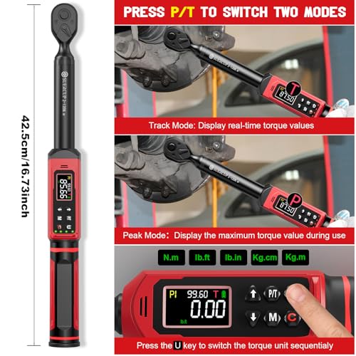 SUERCUP 3/8-inch Digital Torque Wrench(1.5-99.6Ft.Lb/2-135Nm) ±1% Accuracy Digital Torque Wrench with Vibration, Buzzer,LED Notification and Five Units of Measure, for Motorcycle, Auto Repair - Image 3