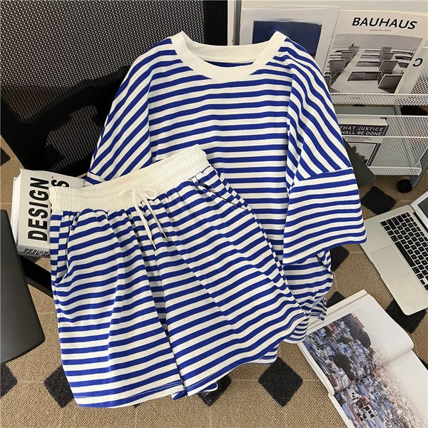 Generic Striped Casual Sport Suit Women Summer Blue Stripe  - Image 3