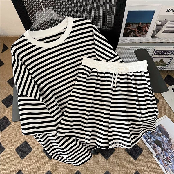 Generic Striped Casual Sport Suit Women Summer Blue Stripe  - Image 4
