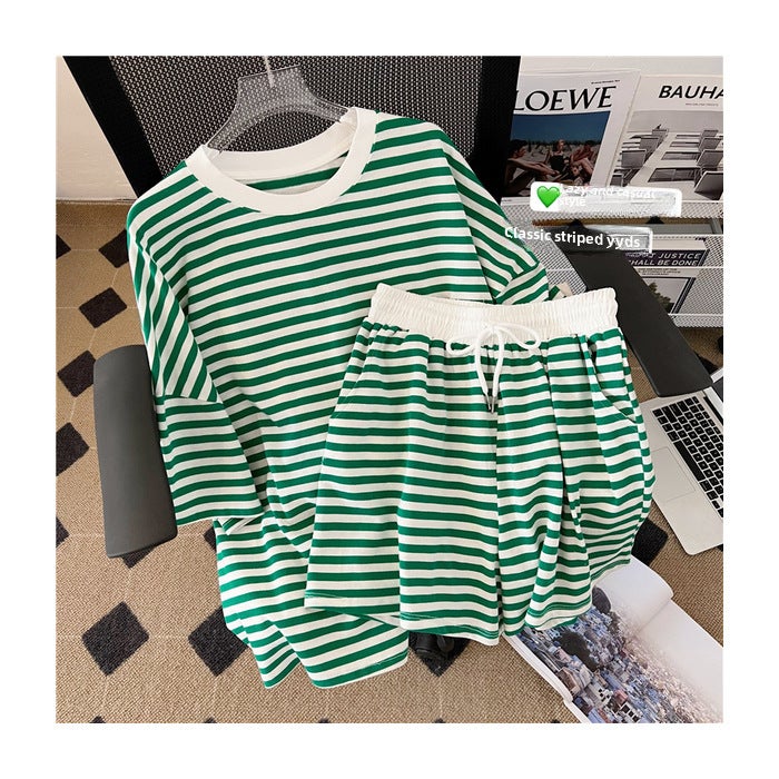 Generic Striped Casual Sport Suit Women Summer Blue Stripe  - Image 2