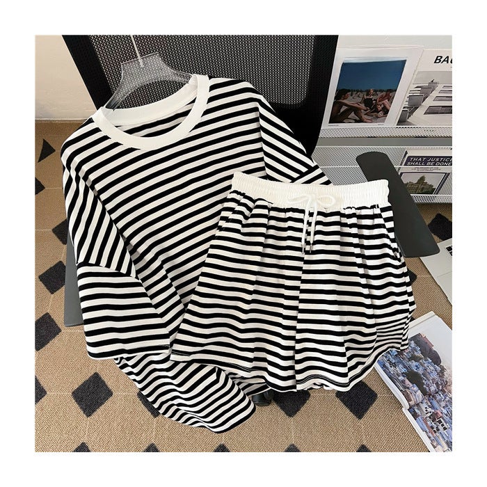 Generic Striped Casual Sport Suit Women Summer Blue Stripe  - Image 1