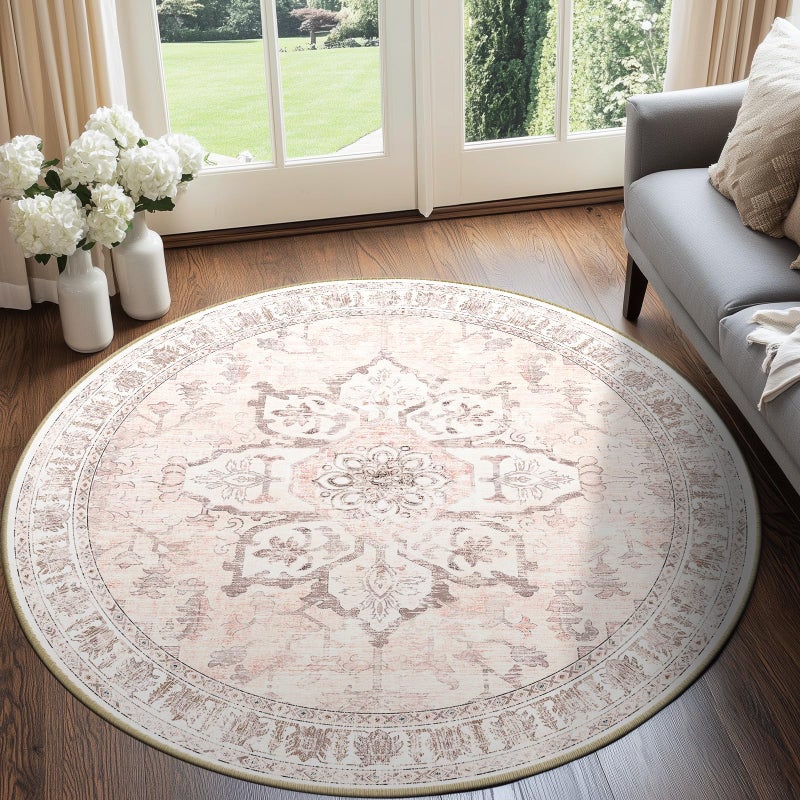 BESTSWEETIE 4ft Round Rugs Washable Round Rug Non-Slip No Pile Round Rugs 4 ft Boho Round Rugs for Living Room 4ft Vintage Round Rug Carpet for Bedroom Kitchen  Pink Beige Grey - Image 2
