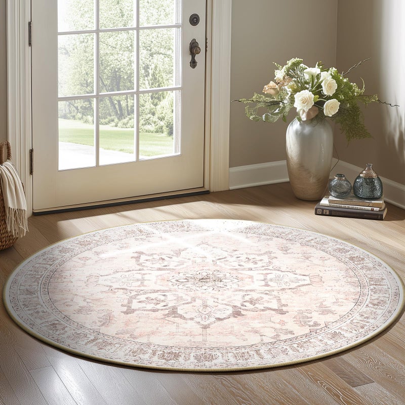 BESTSWEETIE 4ft Round Rugs Washable Round Rug Non-Slip No Pile Round Rugs 4 ft Boho Round Rugs for Living Room 4ft Vintage Round Rug Carpet for Bedroom Kitchen  Pink Beige Grey - Image 1