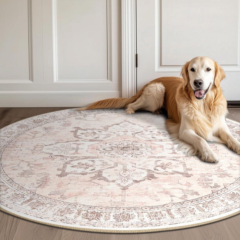 BESTSWEETIE 4ft Round Rugs Washable Round Rug Non-Slip No Pile Round Rugs 4 ft Boho Round Rugs for Living Room 4ft Vintage Round Rug Carpet for Bedroom Kitchen  Pink Beige Grey - Image 4