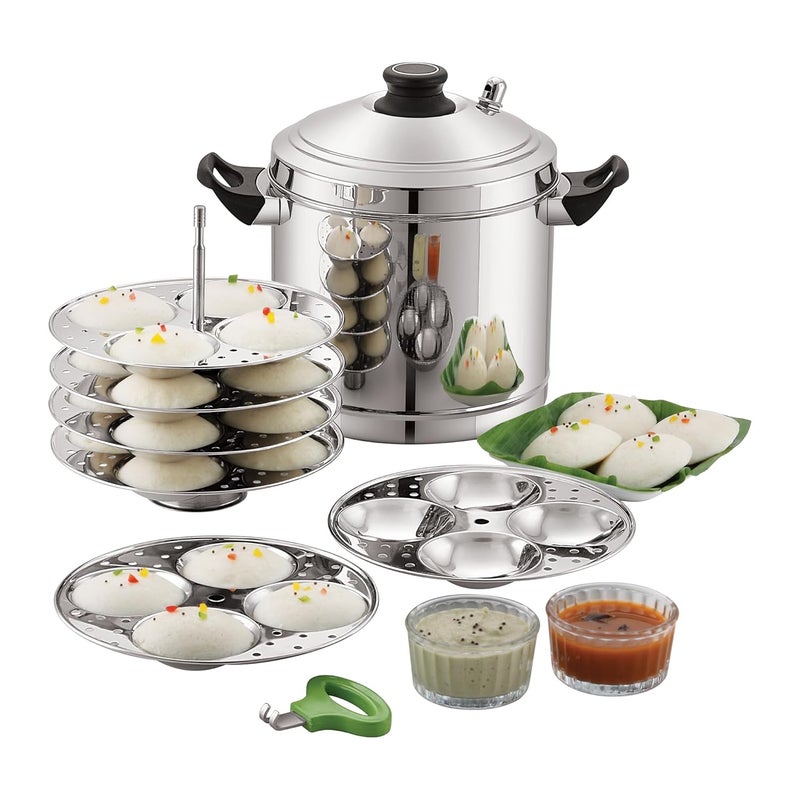 JVL طباخ إيدلي من الفولاذ المقاوم للصدأ متوافق مع الغاز والحث، بخار إيدلي، دهوكلا، إيديابام، مومو (فولاذ مقاوم للصدأ، 6 أطباق) قضيب + رافع (نموذج نوع قضيب أو حامل إيدلي)، 5 لتر، فضي - Image 1