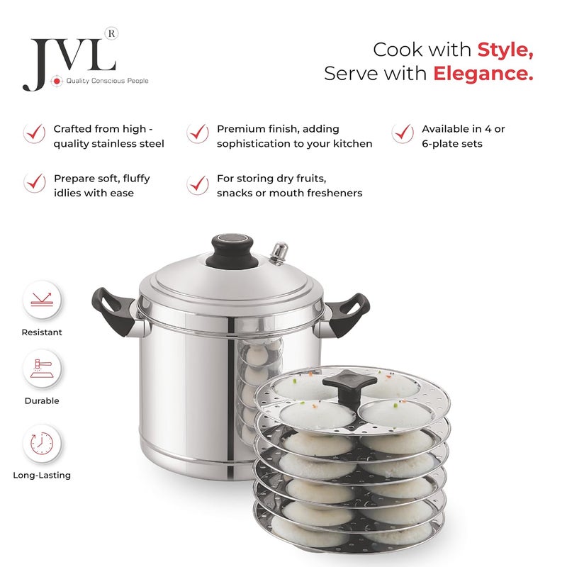 JVL طباخ إيدلي من الفولاذ المقاوم للصدأ متوافق مع الغاز والحث، بخار إيدلي، دهوكلا، إيديابام، مومو (فولاذ مقاوم للصدأ، 6 أطباق) قضيب + رافع (نموذج نوع قضيب أو حامل إيدلي)، 5 لتر، فضي - Image 4