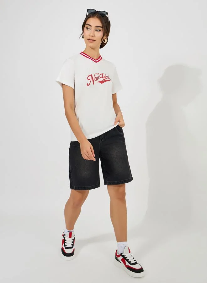 Styli Regular Fit New York Print T-Shirt with Striped Neckline