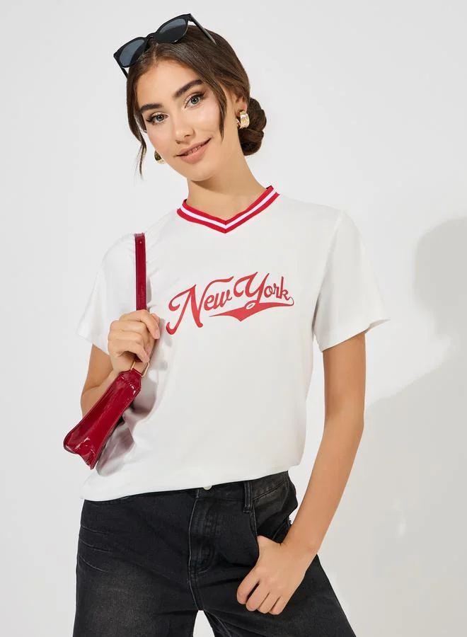 Styli Regular Fit New York Print T-Shirt with Striped Neckline