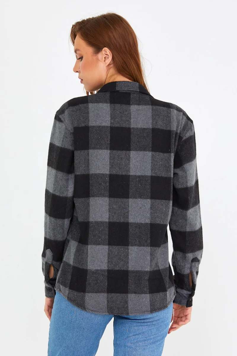 Cool Tarz Cool Style Anthracite Women's Slim Fit Button-down Collar Double Pocket Lumberjack Plaid Shirt