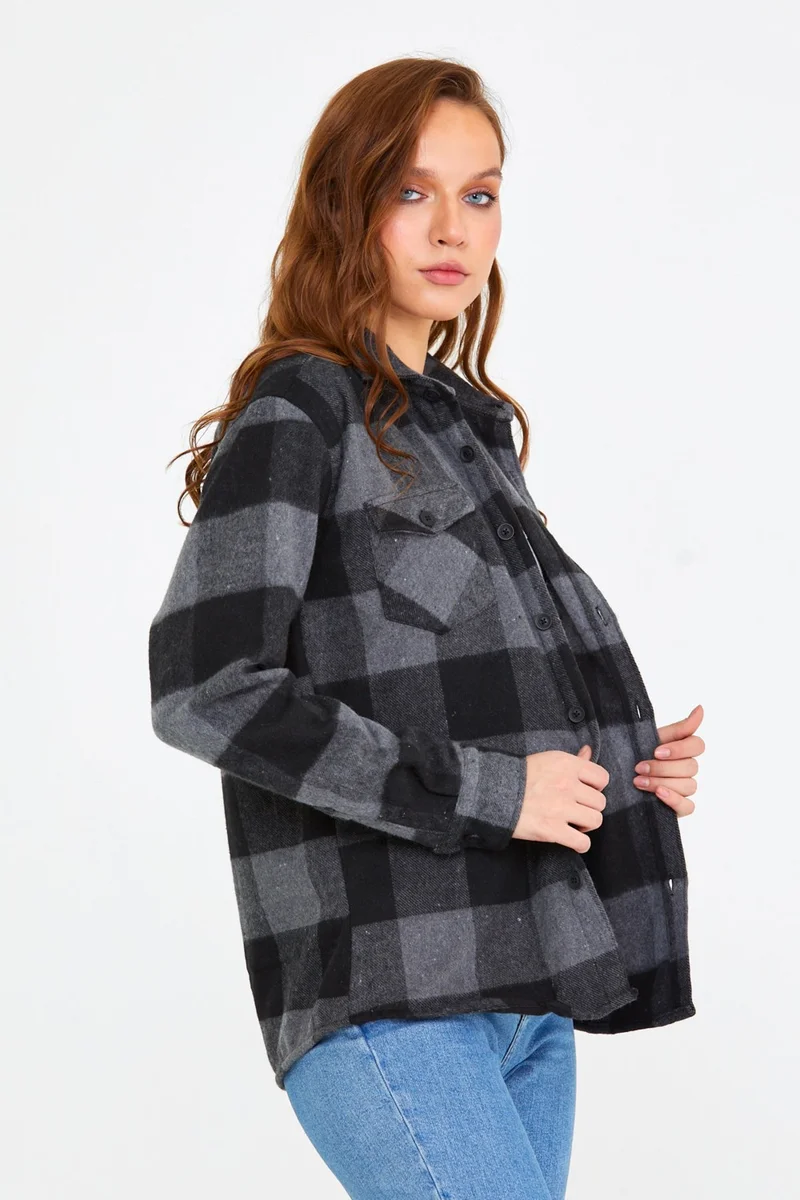 Cool Tarz Cool Style Anthracite Women's Slim Fit Button-down Collar Double Pocket Lumberjack Plaid Shirt