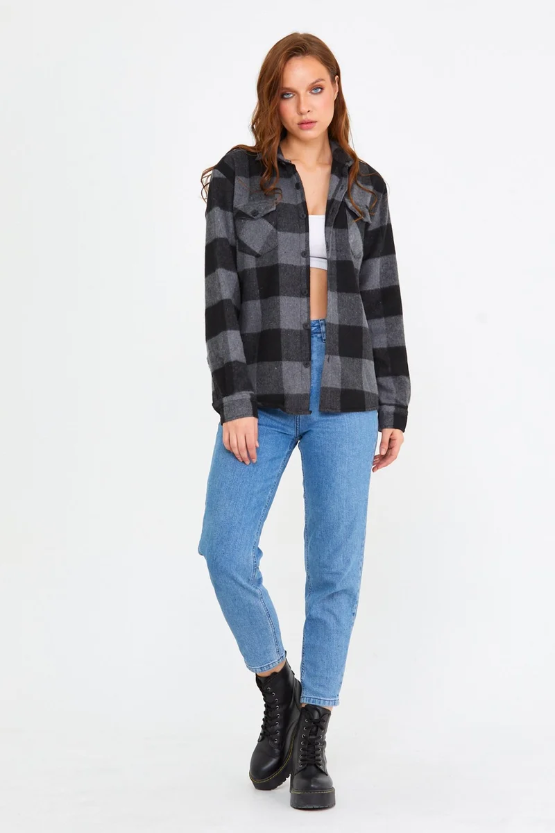 Cool Tarz Cool Style Anthracite Women's Slim Fit Button-down Collar Double Pocket Lumberjack Plaid Shirt