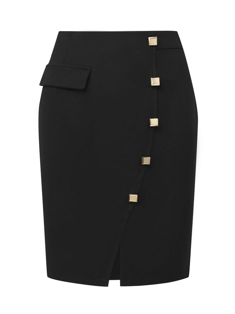 Hobemty Women's Knee Length Skirt Button Decor Slit Work Formal Pencil Skirts Large Black - Image 1