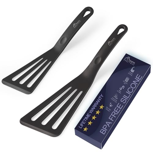 HOTEC 600℉ Heat Resistant Silicone Slotted Fish Turner Spatula Set, BPA Free Flipper Cooking Spatulas, for Non Stick Cookware Dishwasher Safe, Black - Image 1