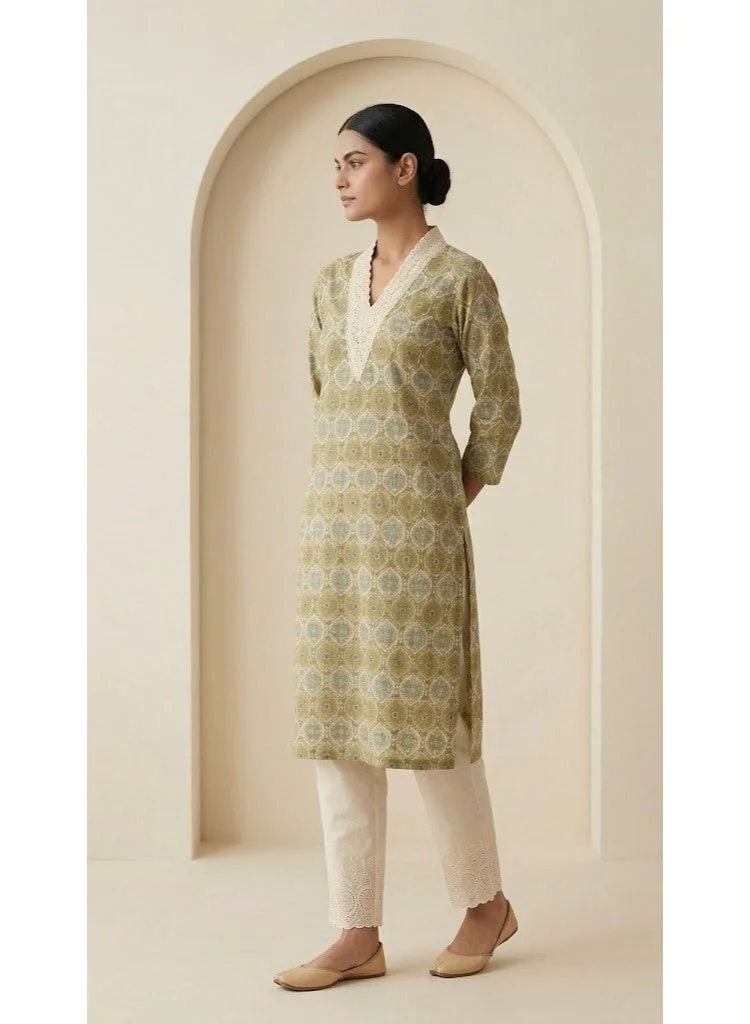 THUGFIT  Elegant Sage Green Geometric Print Kurta with Lace Details for Women | Best Price UAE
