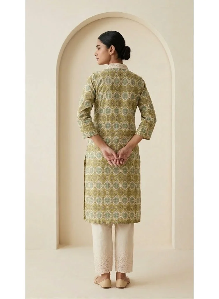 THUGFIT  Elegant Sage Green Geometric Print Kurta with Lace Details for Women | Best Price UAE