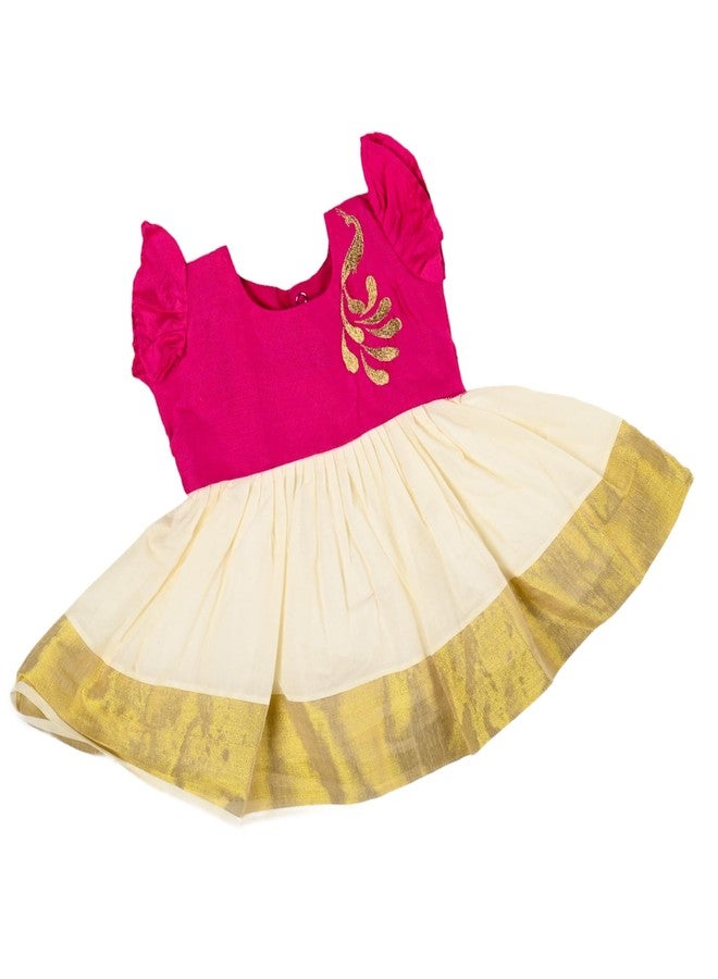 Picksparrow Baby Girl Kerala Kasavu Cotton Dress (Peacock) (3-6 Months, Magenta) - Image 1