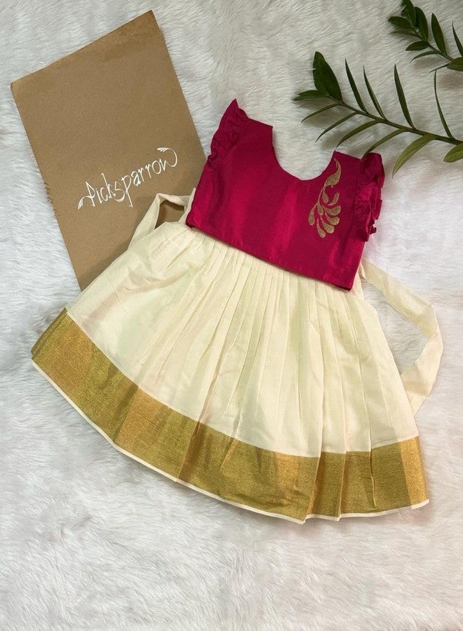 Picksparrow Baby Girl Kerala Kasavu Cotton Dress (Peacock) (3-6 Months, Magenta) - Image 2