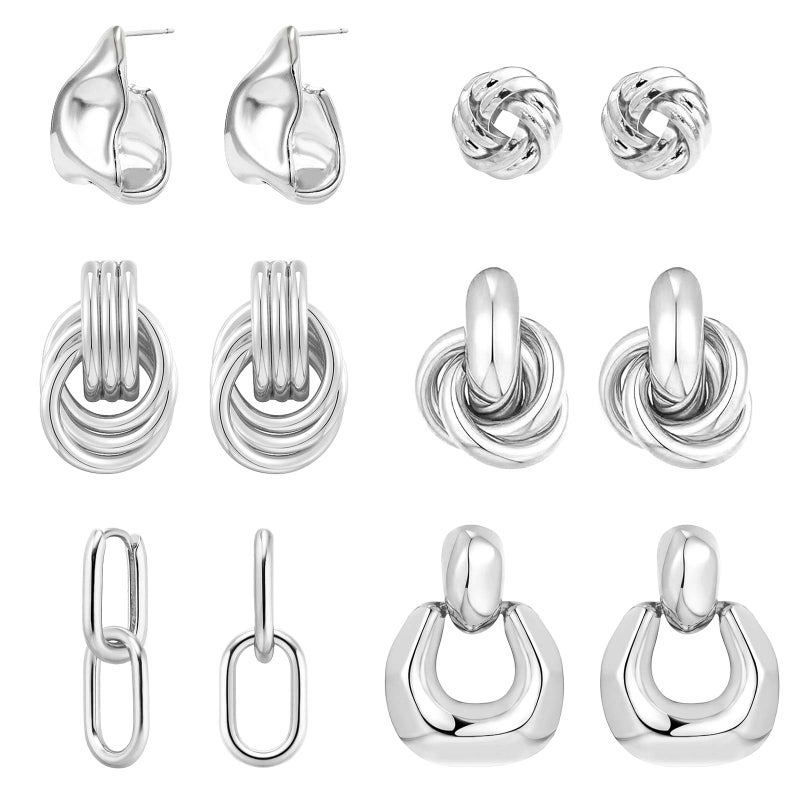 QJLE 6 Pairs Silver Dangle Earrings for Women Geometric Knot Statement Drop Earrings Lightweight Huggie Earrings Trendy Jewelry Gifts - Image 1