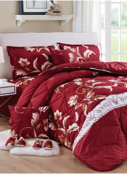 Bed In A Bag Medium Filling King Size Comforter Set, 10 Pcs Floral Bedding Set Size 220 X 240 Cm with Comforter, Quilted Bed Skirt, Pillowcases, Cushion & Bedroom Slipper, Multicolor