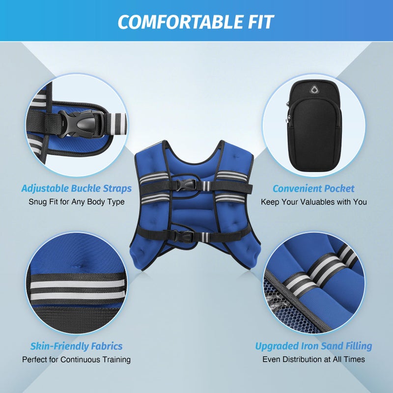 ZELUS Weighted Vest, 6lb/8lb/12lb/16lb/20lb/25lb/30lb Weight Vest with Reflective Stripe for Workout, Strength Training, Running, Fitness, Muscle Building, Weight Loss, Weightlifting, Blue(16 lb) - Image 2